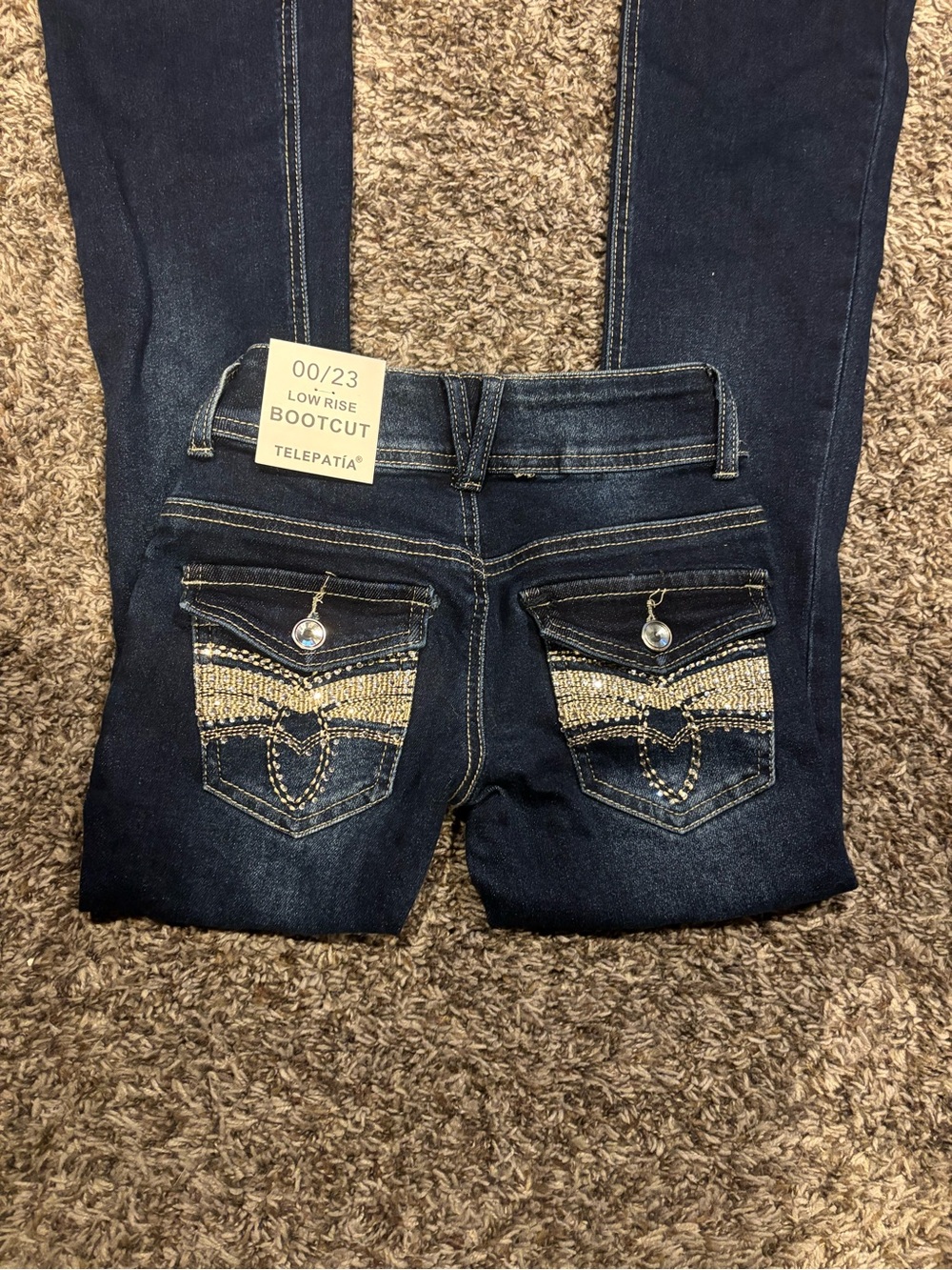 Telepatía Dark Blue Low-Rise Bootcut Jeans with Embellished Back Pockets
